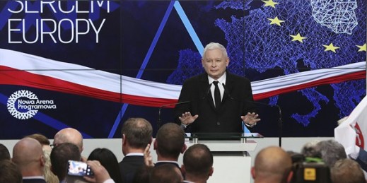 Jaroslaw Kaczynski, the leader of the Law and Justice party, addressing party members after the results of the European Parliament election were announced, in Warsaw, Poland, May 26, 2019 (AP photo by Czarek Sokolowski).