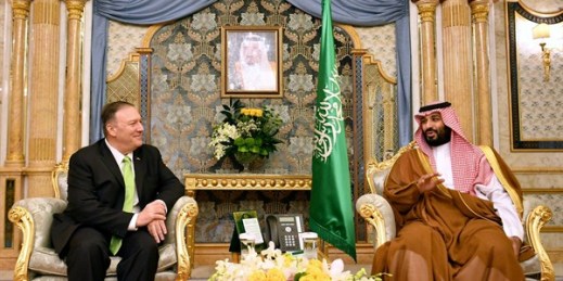 U.S. Secretary of State Mike Pompeo, left, meets with Saudi Arabian Crown Prince Mohammed bin Salman in Jeddah, Saudi Arabia, Sept. 18, 2019 (pool photo by Mandel Ngan of AFP via AP Images).