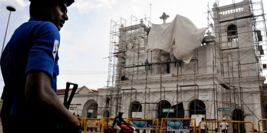 A military officer patrols outside the bombed St Anthony’s Church, currently under reconstruction, in Colombo, Sri Lanka, May 20, 2019 (Yomiuri Shimbun photo by Sho Komine via AP Images).