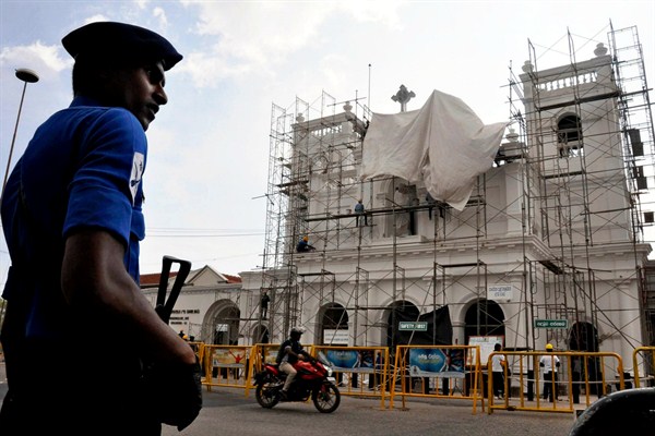 A military officer patrols outside the bombed St Anthony’s Church, currently under reconstruction, in Colombo, Sri Lanka, May 20, 2019 (Yomiuri Shimbun photo by Sho Komine via AP Images).