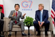 Japanese Prime Minister Shinzo Abe and U.S President Donald Trump at a news conference at the G-7 summit in Biarritz, France, Aug. 25, 2019 (AP photo by Andrew Harnik).