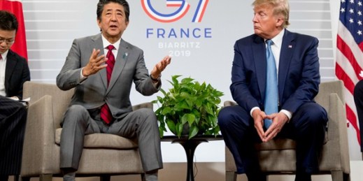Japanese Prime Minister Shinzo Abe and U.S President Donald Trump at a news conference at the G-7 summit in Biarritz, France, Aug. 25, 2019 (AP photo by Andrew Harnik).