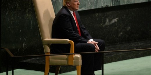 President Donald Trump seated before addressing the 73rd United Nations General Assembly, in New York, Sept. 25, 2018 (Photo by Anthony Behar for Sipa via AP Images).