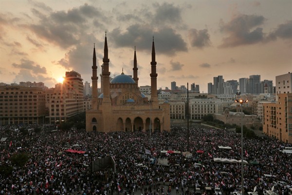 An anti-government protest in Beirut, Lebanon, Oct. 20, 2019 (AP photo by Hassan Ammar).