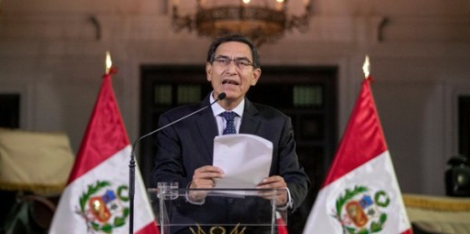 Peru’s president, Martin Vizcarra, announcing the dissolution of Congress at the government palace in Lima, Sept. 30, 2019 (Peruvian presidential press photo by Andres Valle via AP).