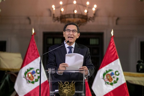 Peru’s president, Martin Vizcarra, announcing the dissolution of Congress at the government palace in Lima, Sept. 30, 2019 (Peruvian presidential press photo by Andres Valle via AP).
