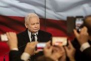 Jaroslaw Kaczynski, the leader of Poland’s Law and Justice party, at a rally after voting closed in the nation’s parliamentary elections, Warsaw, Oct. 13, 2019 (AP photo).
