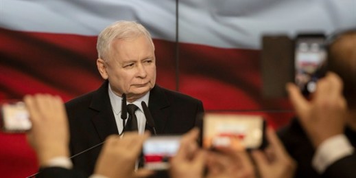 Jaroslaw Kaczynski, the leader of Poland’s Law and Justice party, at a rally after voting closed in the nation’s parliamentary elections, Warsaw, Oct. 13, 2019 (AP photo).