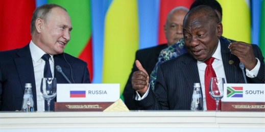 Russian President Vladimir Putin and South African President Cyril Ramaphosa at the Russia-Africa Summit in Sochi, Oct. 24, 2019 (pool photo by Gavriil Grigorov of TASS News Agency via AP Images).