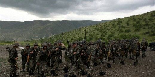 Armenian soldiers after shooting practice at the Mataghis army base in Armenian-controlled Karabakh, May 11, 2018 (AP photo by Thanassis Stavrakis).