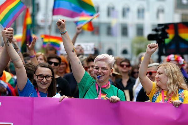 LGBT activists marching in the country’s first-ever Pride parade in downtown Sarajevo, Bosnia and Herzegovina, Sept. 8, 2019 (AP photo by Darko Bandic).