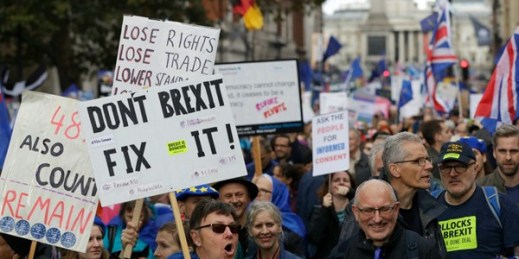 Anti-Brexit supporters during a march in London, Oct. 19, 2019, (AP photo by Kirsty Wigglesworth).