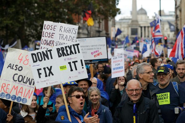 Anti-Brexit supporters during a march in London, Oct. 19, 2019, (AP photo by Kirsty Wigglesworth).