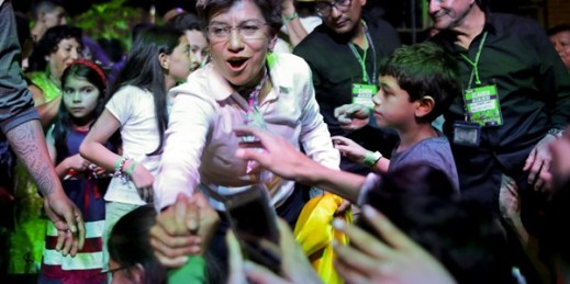 Claudia Lopez celebrates her victory in Bogota's mayoral election, Oct. 27, 2019 (AP photo by Ivan Valencia).