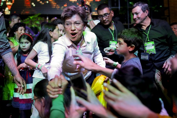 Claudia Lopez celebrates her victory in Bogota's mayoral election, Oct. 27, 2019 (AP photo by Ivan Valencia).