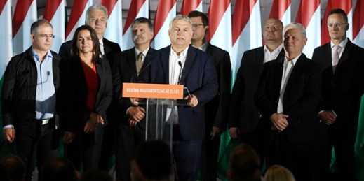 Prime Minister Viktor Orban, center, during a Fidesz party press conference after nationwide local elections, Budapest, Hungary, Oct. 13, 2019 (MTI photo by Szilard Koszticsak via AP).