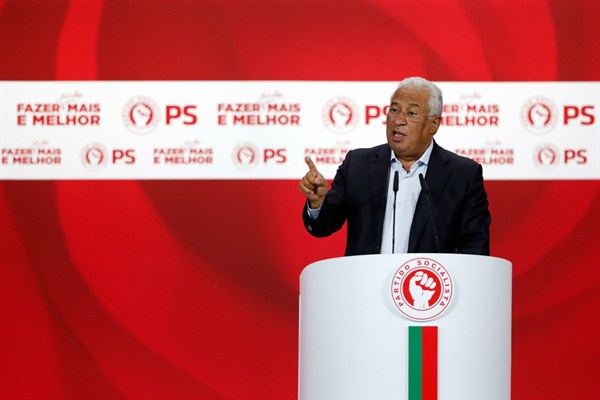 Portuguese Prime Minister and Socialist Party leader Antonio Costa delivers a speech during a campaign rally, Lisbon, Sept. 24, 2019 (AP photo by Armando Franca).