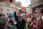 Supporters of jailed media magnate Nabil Karoui chant for his freedom in Nabeul, west of Tunis, Tunisia, Sept. 21, 2019 (AP photo by Mosa’ab Elshamy).