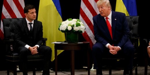 President Trump meets with Ukrainian President Volodymyr Zelensky at the InterContinental Barclay New York hotel during the United Nations General Assembly, Sept. 25, 2019 (AP photo by Evan Vucci).