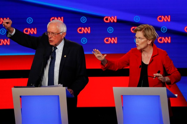 Sen. Bernie Sanders and Sen. Elizabeth Warren during the first of two Democratic presidential primary debates hosted by CNN, in Detroit, Michigan, July 30, 2019 (AP photo by Paul Sancya).