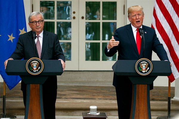 President Donald Trump and European Commission President Jean-Claude Juncker in the Rose Garden of the White House, Washington, July 25, 2018 (AP photo by Evan Vucci).