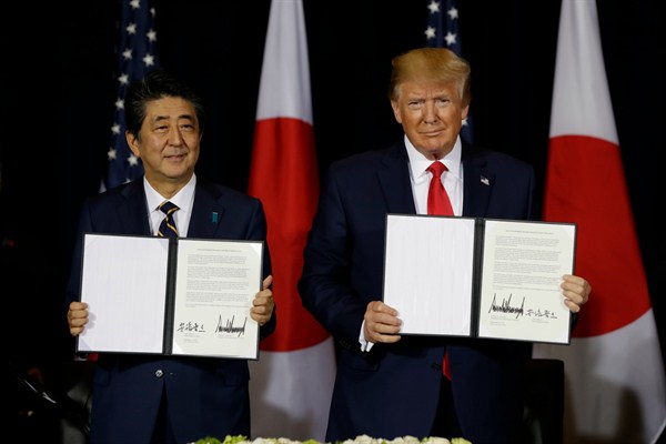 President Donald Trump and Japanese Prime Minister Shinzo Abe at the InterContinental Barclay New York hotel during the United Nations General Assembly, in New York, Sept. 25, 2019 (AP photo by Evan Vucci).