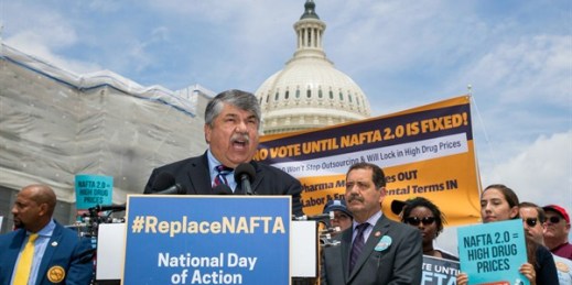 AFL-CIO President Richard Trumka, with Democratic lawmakers and supporters, speaks about their opposition to the U.S.-Mexico-Canada Agreement during a news conference on Capitol Hill in Washington, June 25, 2019 (AP photo by Manuel Balce Ceneta).