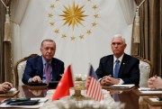 Vice President Mike Pence and Turkish President Recep Tayyip Erdogan at the Presidential Palace for talks on the Kurds and Syria, in Ankara, Turkey, Oct. 17, 2019 (AP photo by Jacquelyn Martin).