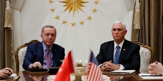 Vice President Mike Pence and Turkish President Recep Tayyip Erdogan at the Presidential Palace for talks on the Kurds and Syria, in Ankara, Turkey, Oct. 17, 2019 (AP photo by Jacquelyn Martin).