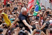 Former Brazilian President Luiz Inacio Lula da Silva is carried by supporters during a rally after his release from prison, Sao Bernardo do Campo, Brazil, Nov. 9, 2019 (AP photo by Nelson Antoine).
