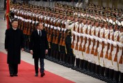 Chinese President Xi Jinping and French President Emmanuel Macron review an honor guard during a welcome ceremony at the Great Hall of the People, Beijing, Nov. 6, 2019 (AP photo by Mark Schiefelbein).