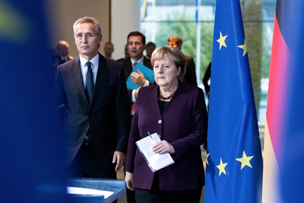 German Chancellor Angela Merkel and NATO Secretary General Jens Stoltenberg arrive at a press conference, Berlin, Nov. 7, 2019 (dpa photo by Bernd von Jutrczenka via AP Images).