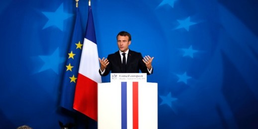 French President Emmanuel Macron during a media conference at an EU summit in Brussels, Oct. 18, 2019 (AP photo by Frank Augstein).
