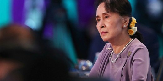 Myanmar leader Aung San Suu Kyi at the ASEAN-Australia Special Summit in Sydney, March 18, 2018 (pool photo by Mark Metcalfe of Getty via AP Images).