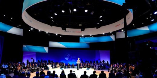 European Commission President Ursula von der Leyen delivers a speech at the start of the Paris Peace Forum, Paris, Nov. 12, 2019 (Pool photo by Ludovic Marin via AP images).