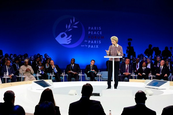European Commission president Ursula von der Leyen delivers her speech at the start of the Paris Peace Forum, in Paris, Nov. 12, 2019 (pool photo by Ludovic Marin of AFP via AP Images).
