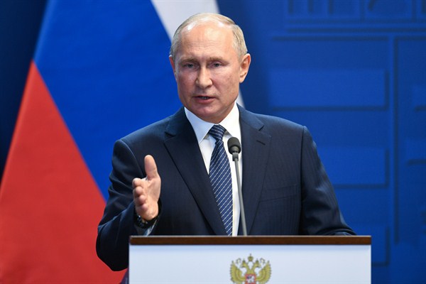 Russian President Vladimir Putin at a news conference following his meeting with Hungarian Prime Minister Viktor Orban in Budapest, Hungary, Oct. 30, 2019 (Sputnik photo by Valeriy Melnikov via AP Images).