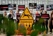 A demonstration in front of the Saudi Embassy in Berlin on the anniversary of the murder of journalist Jamal Khashoggi, Oct. 1, 2019 (Photo by Kay Neitfeld for dpa via AP Images).