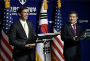 U.S. Defense Secretary Mark Esper and South Korean Defense Minister Jeong Kyeong-doo hold a joint press conference at the Defense Ministry in Seoul, South Korea, Nov. 15, 2019 (pool photo by Jung Yeon-je of AFP).