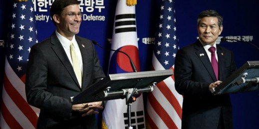 U.S. Defense Secretary Mark Esper and South Korean Defense Minister Jeong Kyeong-doo hold a joint press conference at the Defense Ministry in Seoul, South Korea, Nov. 15, 2019 (pool photo by Jung Yeon-je of AFP).