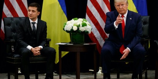 U.S. President Donald Trump meets with Ukrainian President Volodymyr Zelensky during the United Nations General Assembly in New York, Sept. 25, 2019 (AP photo by Evan Vucci).