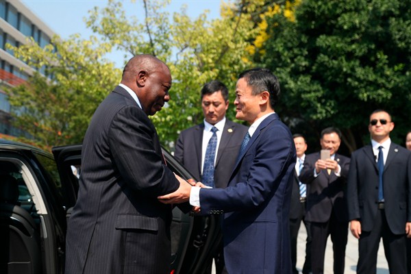 South African President Cyril Ramaphosa, left, shakes hands with Jack Ma, chairman of Alibaba Group, in Hangzhou city, Zhejiang province, China, Sept. 5, 2018 (Imaginechina photo via AP Images).