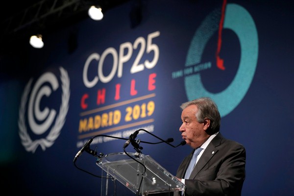 U.N. Secretary-General Antonio Guterres delivers a speech at the COP25 conference in Madrid, Spain, Dec. 12, 2019 (AP photo by Manu Fernandez).