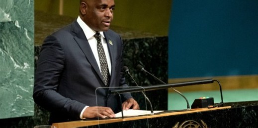 Dominica’s prime minister, Roosevelt Skerrit, addresses the United Nations General Assembly at U.N. headquarters in New York, Sept. 23, 2017 (AP photo by Craig Ruttle).