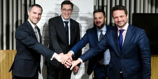The mayors of Prague, Budapest, Bratislava and Warsaw pose after signing the Pact of Free Cities at the Central European University in Budapest, Hungary, Dec. 16, 2019 (MTI photo by Szilard Koszticsak via AP Images).