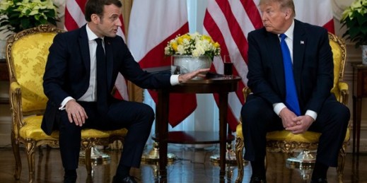 President Donald Trump and French President Emmanuel Macron during a meeting at the NATO summit, London, Dec. 3, 2019 (AP photo by Evan Vucci).
