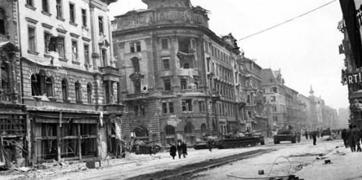 Russian tanks, among 5,000 sent in to crush the Hungarian uprising, stand in a street in Budapest, November 1956 (AP photo).
