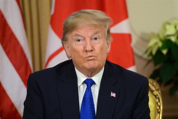 U.S. President Donald Trump at a meeting with Prime Minister Justin Trudeau during a NATO leaders' summit outside London, Dec. 3, 2019 (The Canadian Press photo by Sean Kilpatrick via AP).