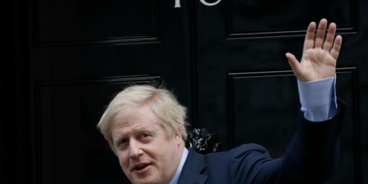 British Prime Minister Boris Johnson returns to 10 Downing Street after meeting with Queen Elizabeth II at Buckingham Palace, London, Dec. 13, 2019 (AP photo by Matt Dunham).
