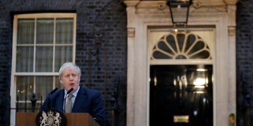 Prime Minister Boris Johnson speaks outside 10 Downing Street after his Conservative Party won a commanding majority in parliamentary elections, London, Dec. 13, 2019 (AP photo by Matt Dunham).